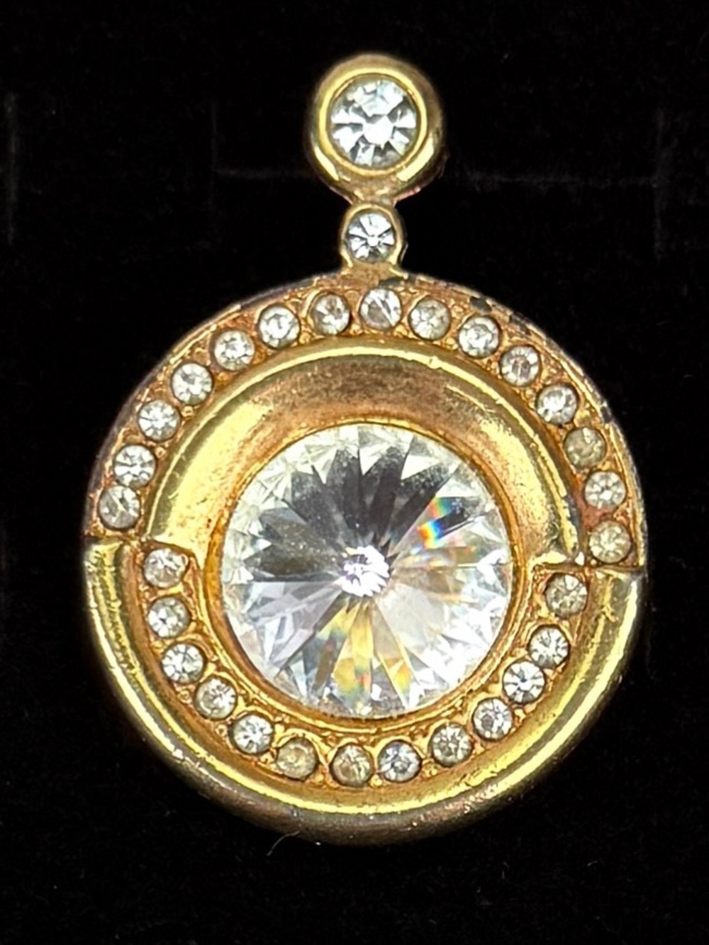 Vintage Goldtone Round Statement Pendant Large Clear Faceted Center Halo Accents